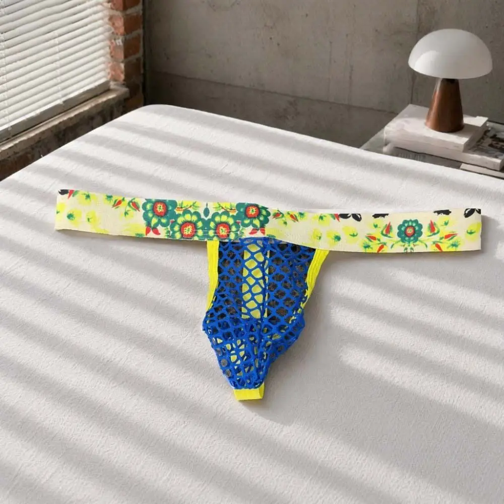 Bohemian Flower Men Floral Mesh Thongs Low Waist Underpants Men's Panties Underwear Transparent Male Briefs Summer