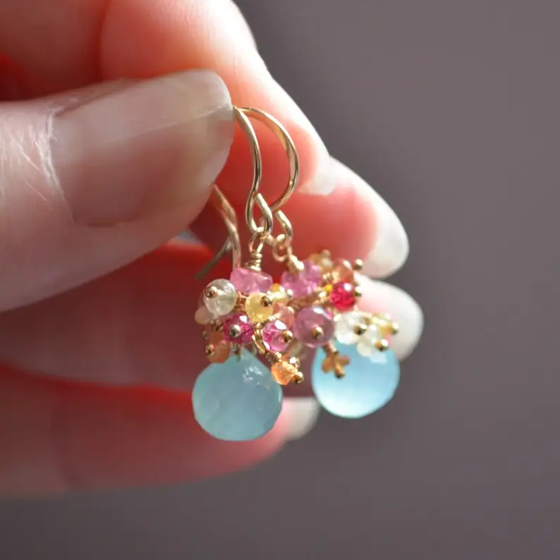 Summer Earrings, Gold Filled Jewelry, Real Chalcedony, Aqua Gemstones, Orange Yellow Pink Sapphires, Cluster Ear Rings