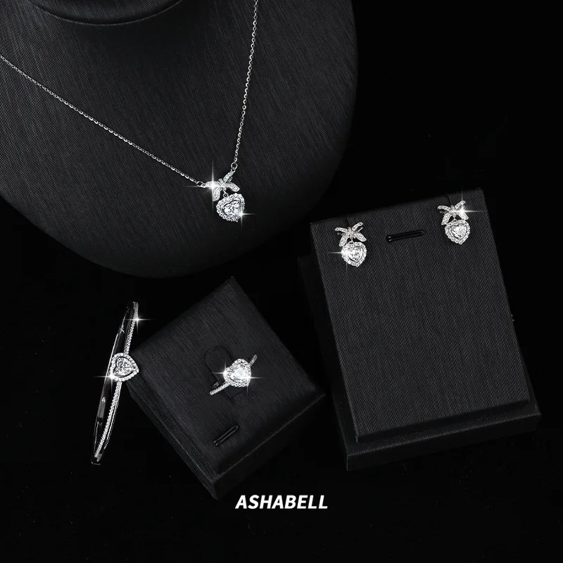 

S925 Silver Rhodium Plated D Color Moissanite Heart Bow Women's Jewelry Set, Necklace Earrings Ring Bracelet Gift