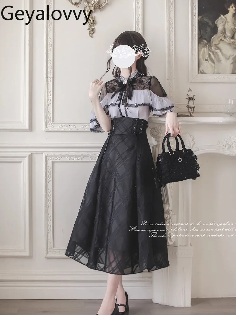 

Japanese Original Sweet Gentle Feeling Elegant Cape Fly Short Sleeve Shirt High Waist Slim Fit Lace-up A- Line Long Skirt Set