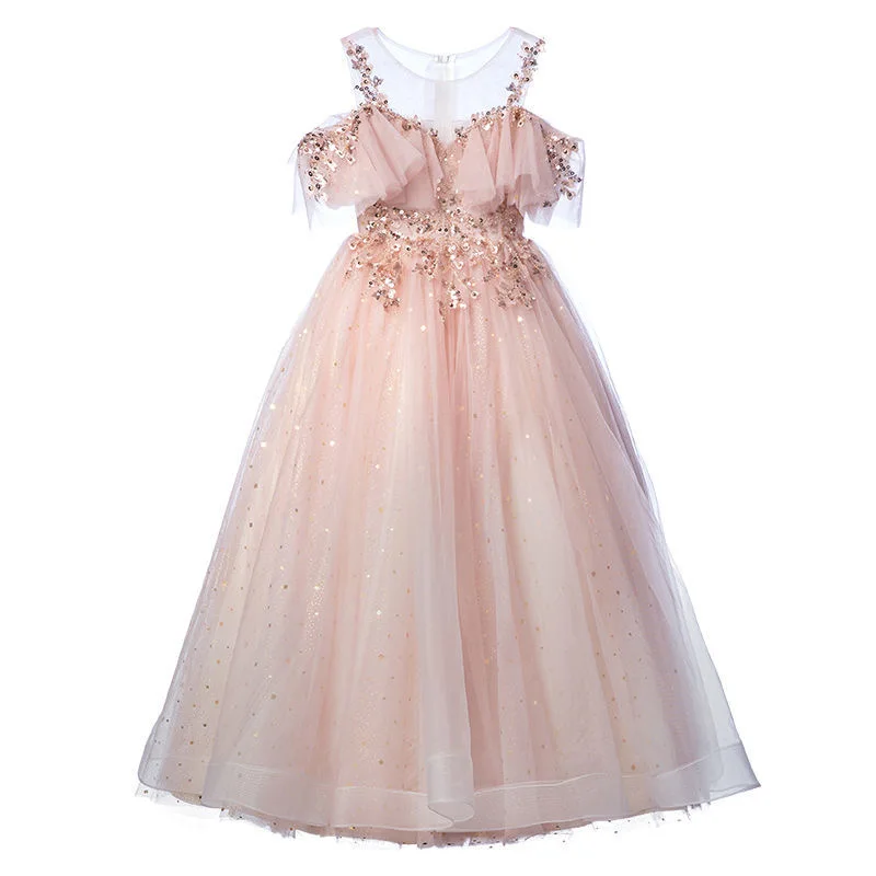 Flower Girl Wedding Banquet Long Dress For Kids Elegant Puffy Appliques Lace Birthday Party Dresses Pageant Gown Formal Vestidos