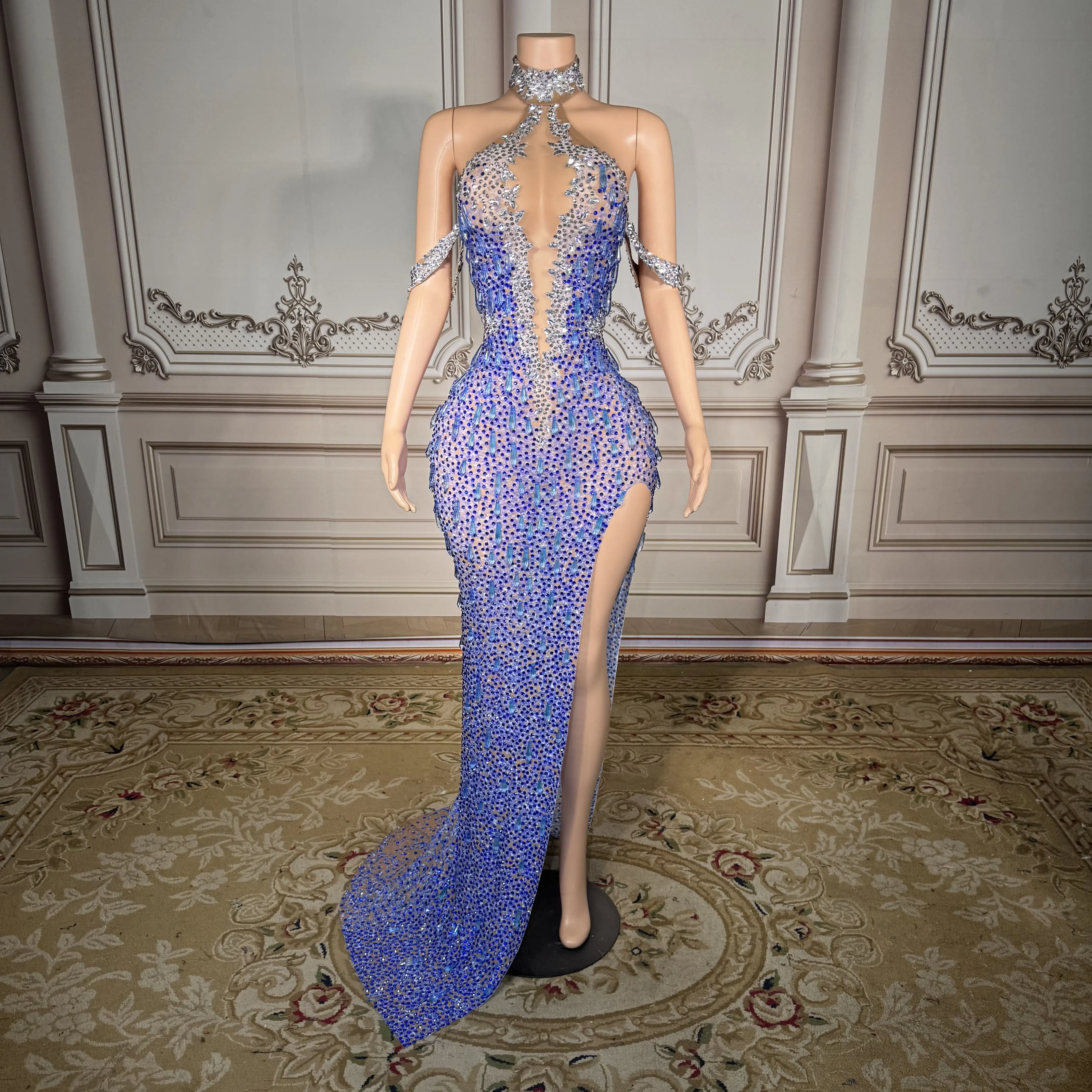 ZD エレガントブルー ラグジュアリークリスタルガウン 女性用 プロム、ステージショー、特別な機会に最適 ハンドメイドラインストーン マーメイド