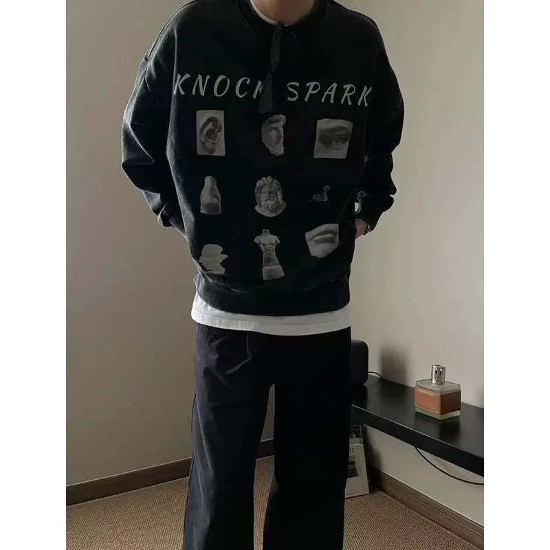 

Мужской свитшот оверсайз с американским ретро-принтом, круглый вырез, осенне-зимняя коллекция, новый, в стиле High Street, из чистого хлопка, топ Haome