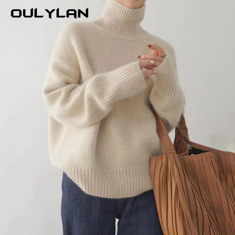 Sweater rajut wanita, Sweater dasar hangat Vintage Sweater rajut kebesaran tebal longgar putih Pullover Jumper untuk wanita 2024