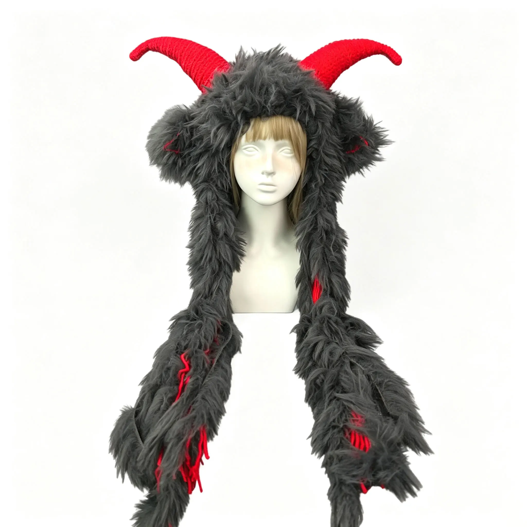 Handmade Black Red Viking Cow Horn Hat Men Winter Custom Crochet Warm Fuzzy Knit Beanie Women Cosplay Gothic Halloween Hood Cap
