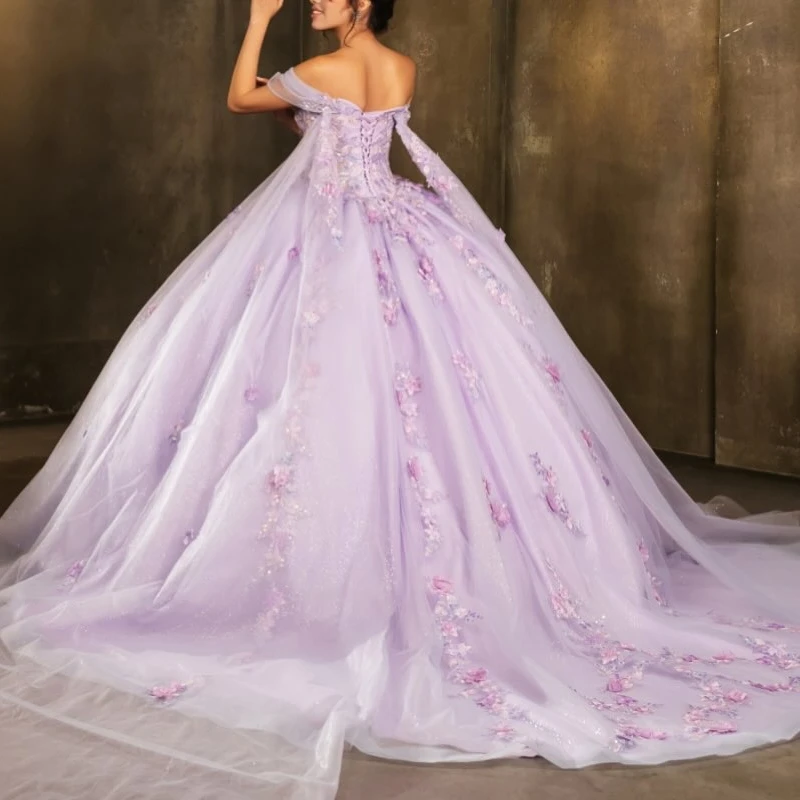 Lilas princesse Quinceanera robes épaules dénudées Applique fleur perles cristal tulle doux 16 robe robe de bal robes 15 Anos