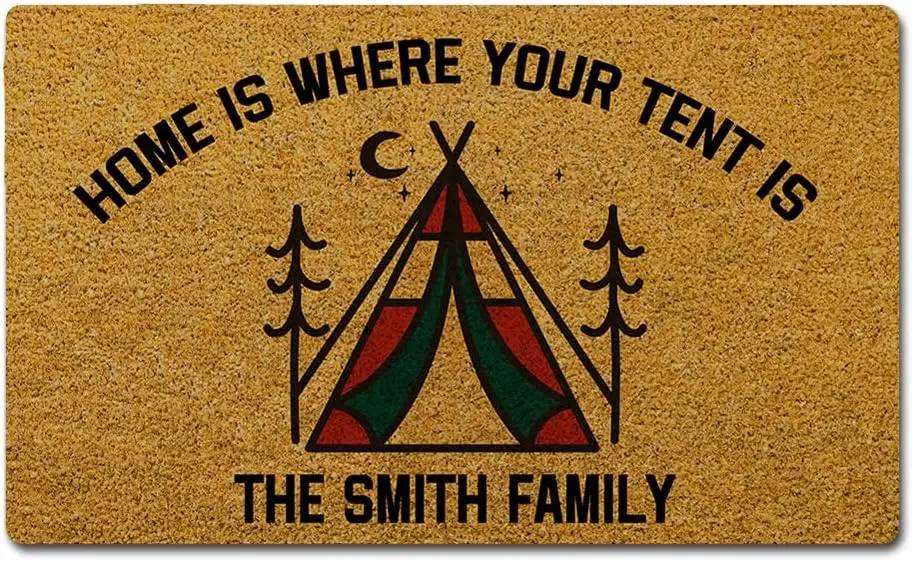 Home is Where Your Tent is RV Doormat Customized Entrance Rubber Non Slip Backing Funny Floor Mat Welcome Home Decorative Rug