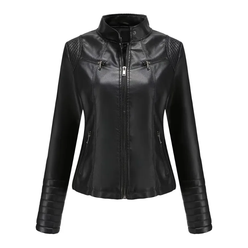 Women Stand Collar Faux Leather Biker Moto Coat Slim Fit Zip Pocket Short