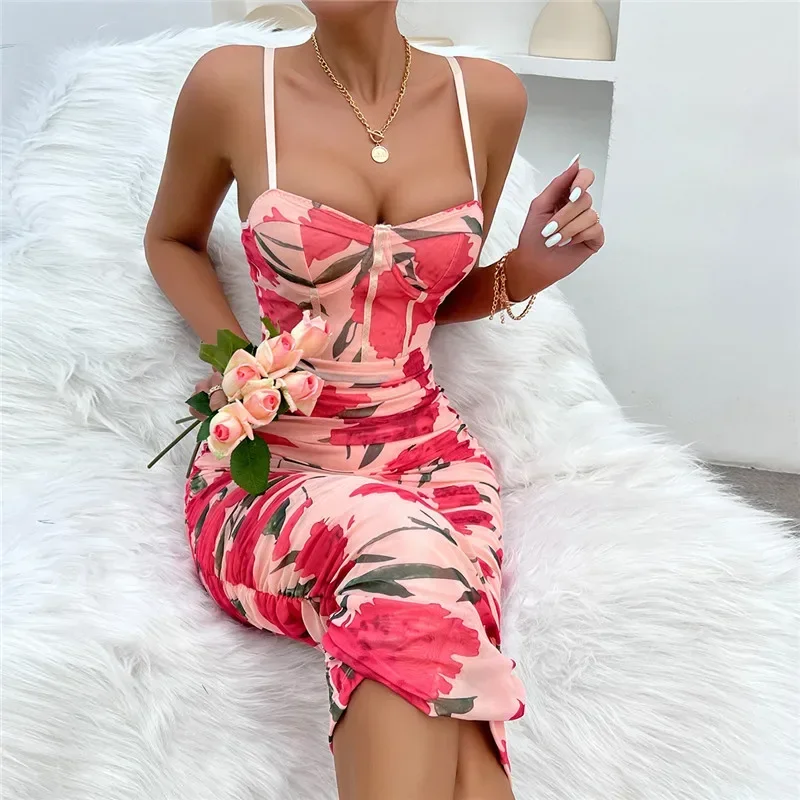 ISAROSE Schnelle Lieferung 2024 Stretch Mesh Kleid Frauen Sommer Floral Gedruckt Geraffte Low-cut Hohe Taille Knielangen, figurbetonte Kleider