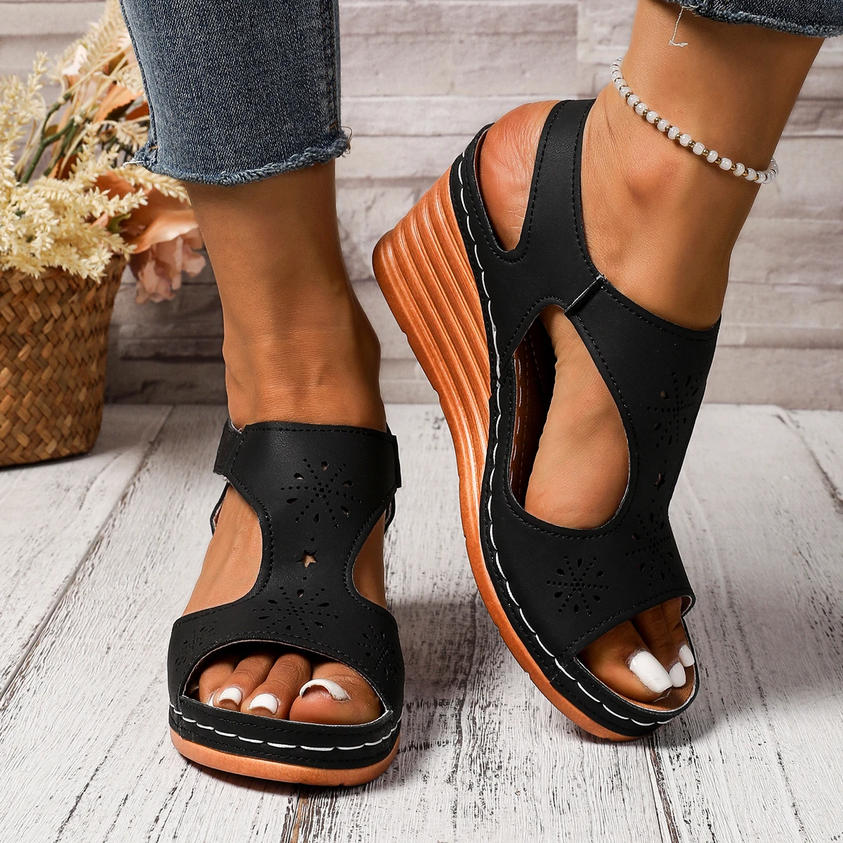 New Women's Contrast Color Wedge Sandals Summer Peep Toe Non Slip Beach Shoes Woman Comfortable Platform Roman Sandalias Mujer
