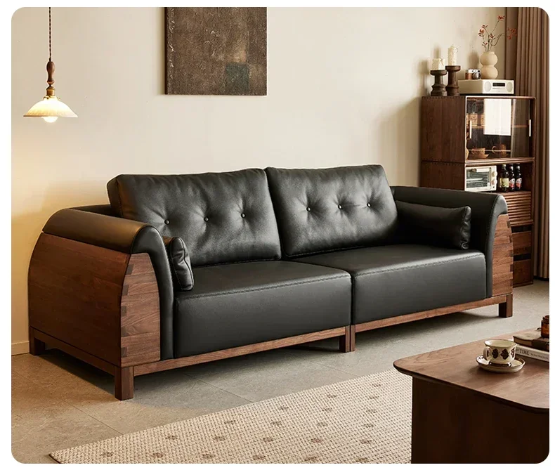 AANorth American Black Walnut Sofa Nordic Leather Sofa Living Room Straight Row All Solid Wood Sofa5556