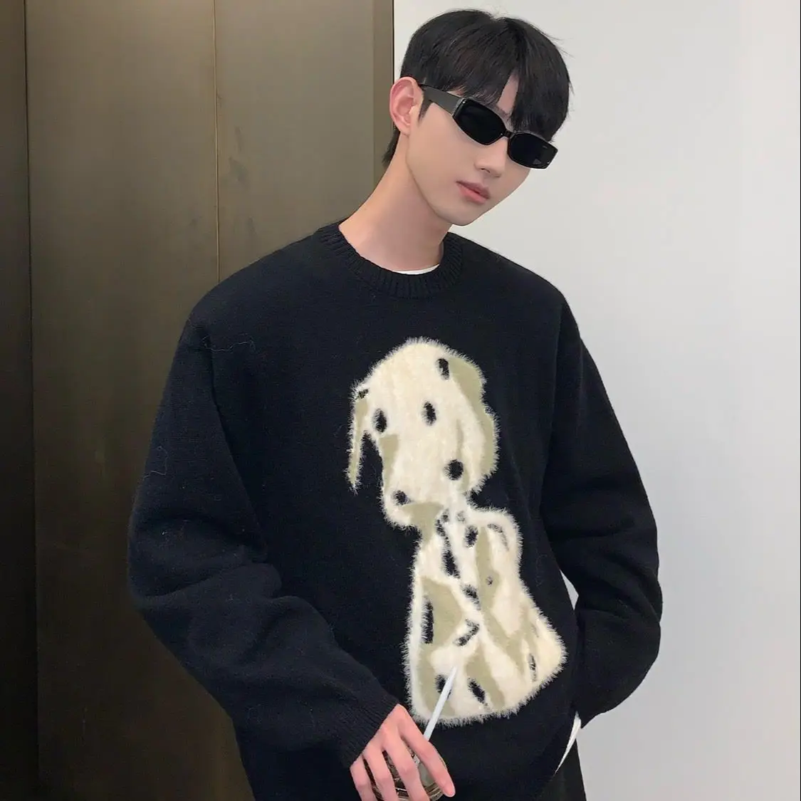 Autumn winter Korean retro niche Dalmatian jacquard sweaters for men and women lazy style Y2K round neck loose couple sweaters