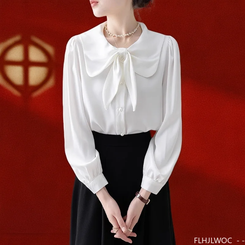 Bow Tie Tops ผู้หญิงเกาหลีสไตล์เสื้อผ้าแขนยาว Elegant Office Lady น่ารักริบบิ้นหวาน Basic เสื้อสีขาวเสื้อ