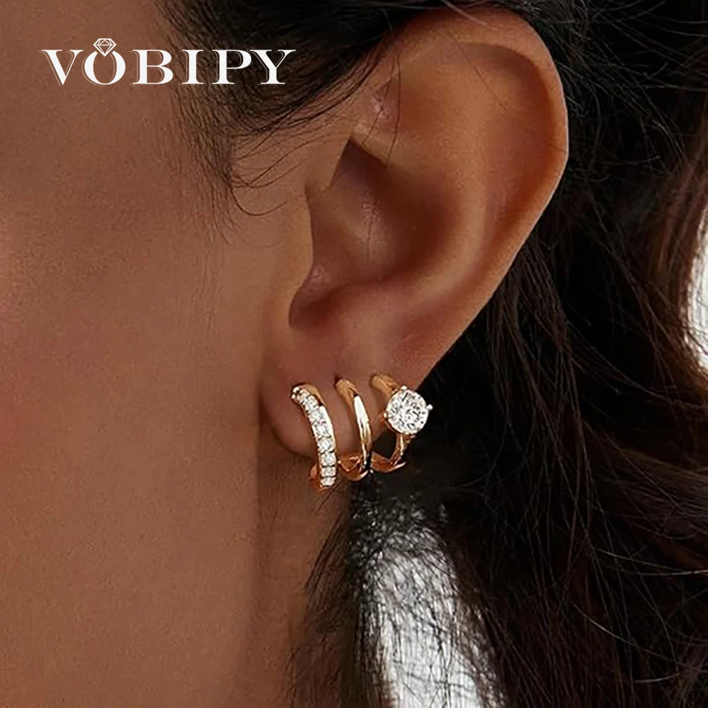 VOBIPY Triple Huggie Illusion Hoop Earrings 18K Gold Plated Stainless One Hole Claw Ear Cuff Earring For Women Jewelry Gift