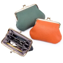 Cartera de cuero genuino con Clip para mujer, monedero de mano pequeño, tarjetero, llavero, lápiz labial, estuche de almacenamiento para auriculares