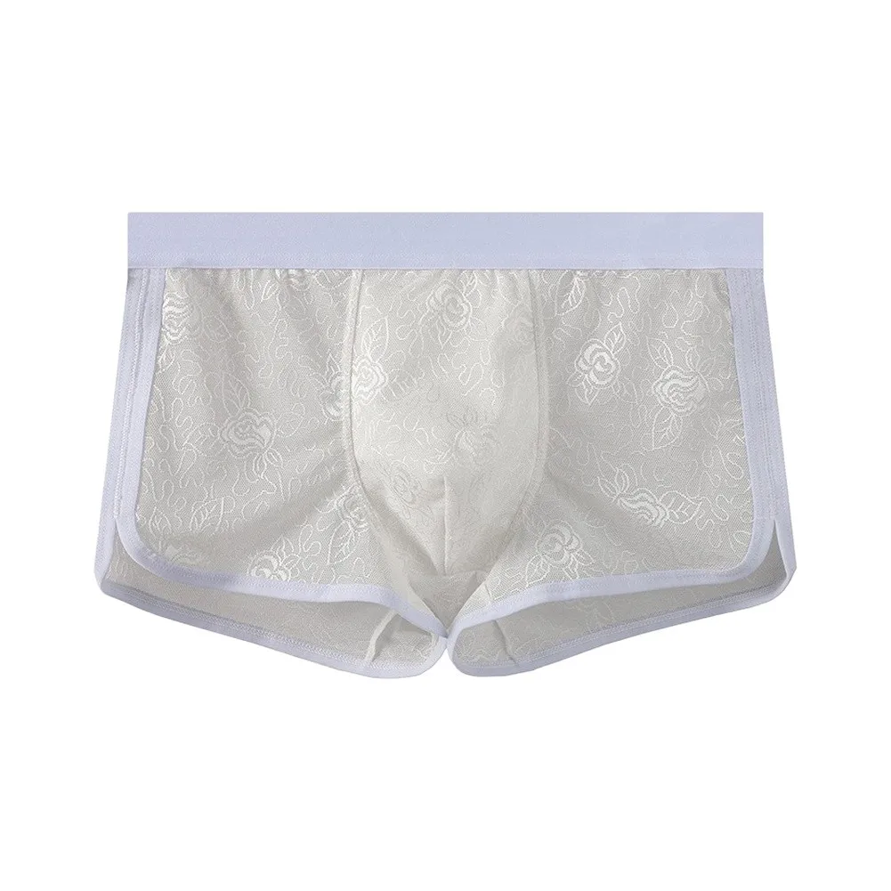 Men Floral Lace Boxer Briefs Elastic Waistband See Through Mesh U Convex Pouch Thin Breathable Quick Dry Underwear