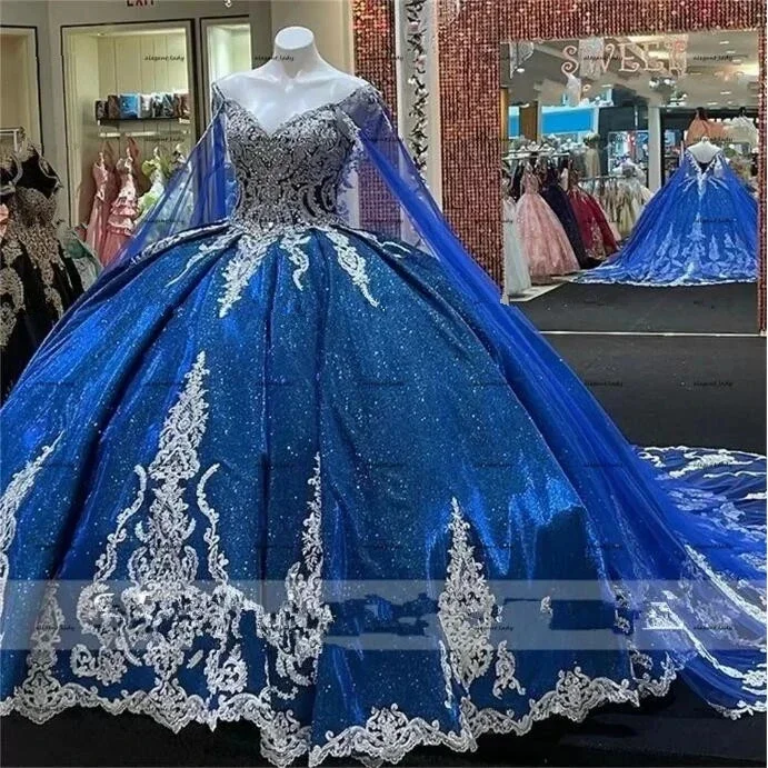 Błyszczące królewskie sukienki księżniczki Quinceanera z peleryną błyszczącą koronki z koralikami Vestidos De 15 Anos suknia na przyjęcie urodzinowe gorset