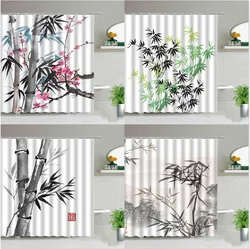 Ink Painting Bamboo Shower Curtains Spring Plant Scenery Green Leaf Bathroom Decor Cloth Curtain Set Garden Wall Decoration