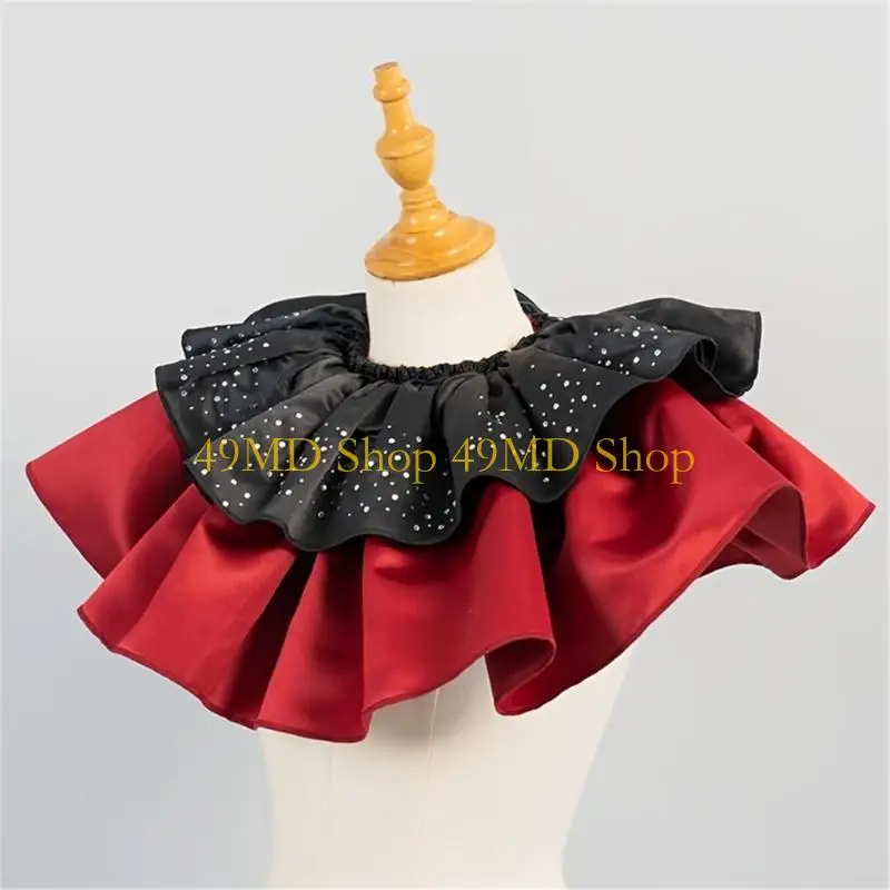 49MD Satins Detachable Neckpiece Fashion Double Layer Ruffled Collar with Rhinestones for Photoshoot and Costume Accessories