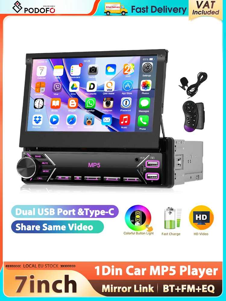 Radio samochodowe Podofo 1Din z 7-calowym wysuwanym ekranem, funkcją Mirror Link, odtwarzacz multimedialny MP5, Bluetooth, FM, wielokolorowe oświetlenie, Type-C, EQ, samochodowy zestaw stereo. — 2