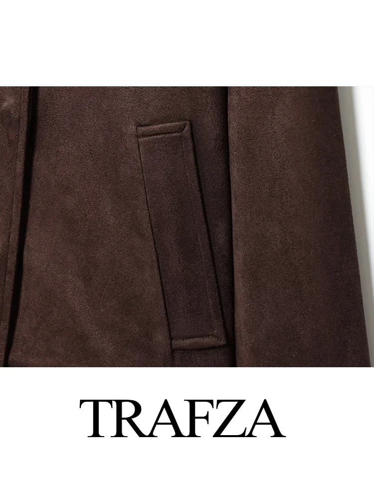 

TRAFZA Women Autumn New Fashion Retro Suede Lapel Long Sleeves Pockets Jacket Female Temperament High Street Zipper Slim Coats