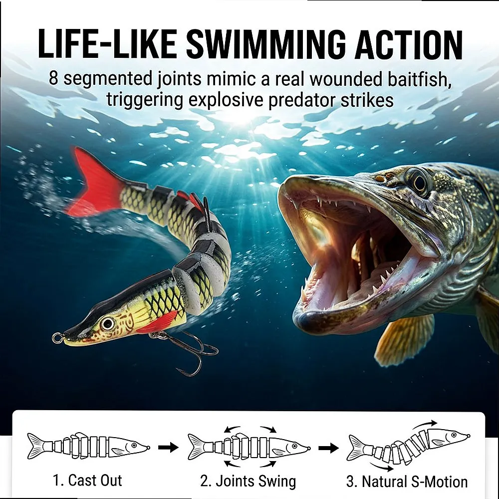 8-Jointed Musky Hard Bait Multi Section Swimbait 3/5/10 Pack Sinking Wobbler Rattle 3D Eyes for Pike Bass in Pond