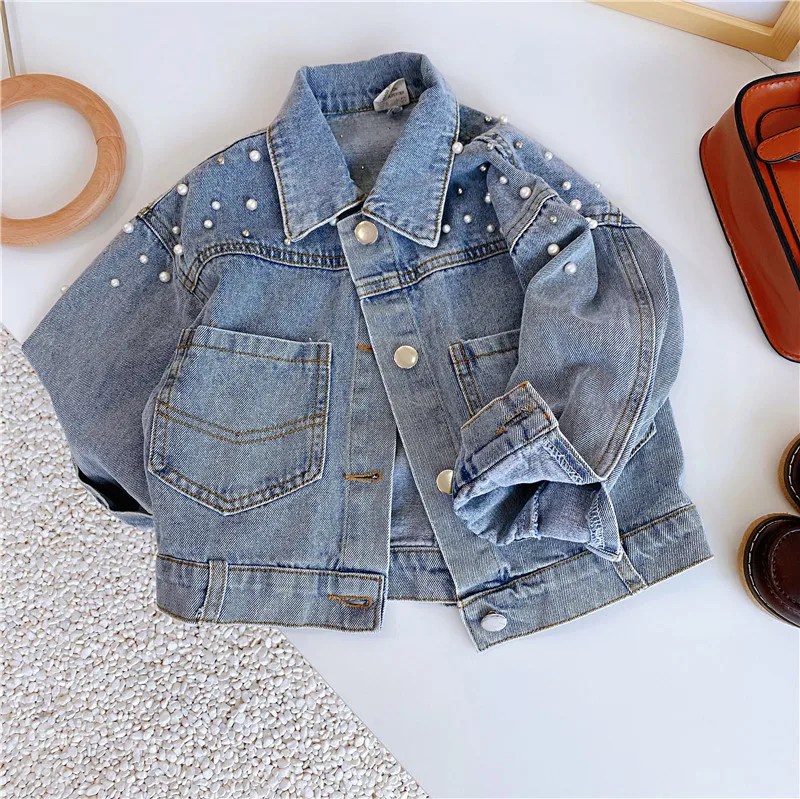 Korean Girls Jacket Pearls Beading Denim Jacket 2024 Fashion Coats Long Sleeve Top Button Cardigan 6Y Jacket Lapel