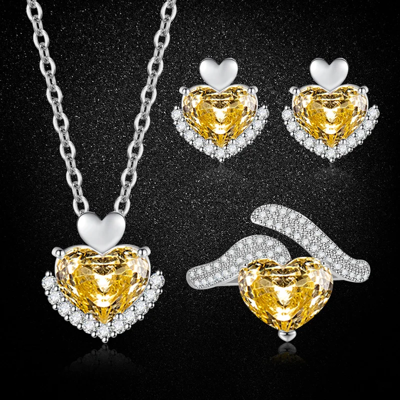 S925 Sterling Silver Yellow HeartShaped Rose Cut Cubic Zirconia 3Piece Set, Ring Pendant Earrings Necklace