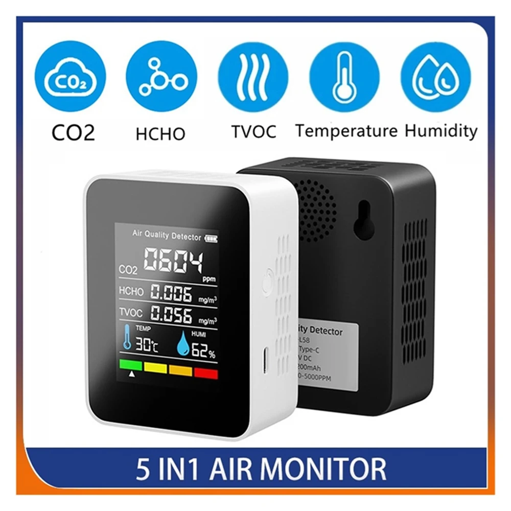 Multifunctionele Luchtkwaliteit Monitor 5in1 CO2 Temperatuur-vochtigheidsmeter Digitale Tester TVOC HCHO Detector M8 Luchtkwaliteit Monitor