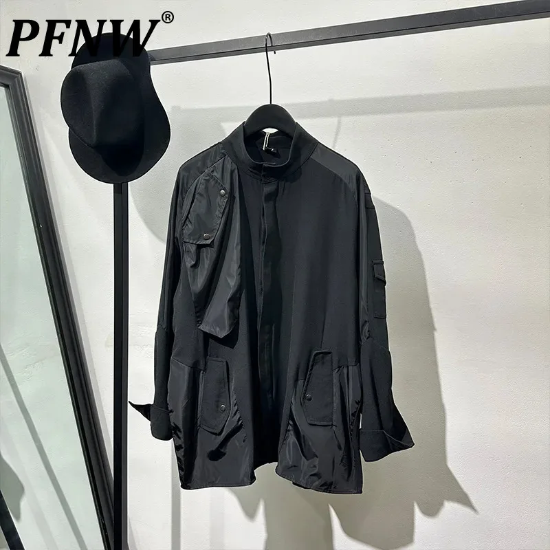 

PFNW Men's Multiple Pockets Function Shirts Standing Collar Long Sleeved Niche Streetwear Male Personality Tops Summer 21Z4385