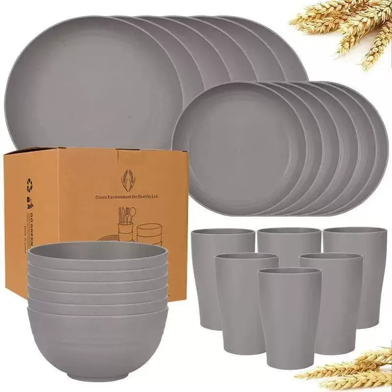 16-piece Premium Wheat Straw Dinnerware Sets for 4 - Unbreakable Dishwasher & Microwave Safe Plastic Plates and Bowls Sets