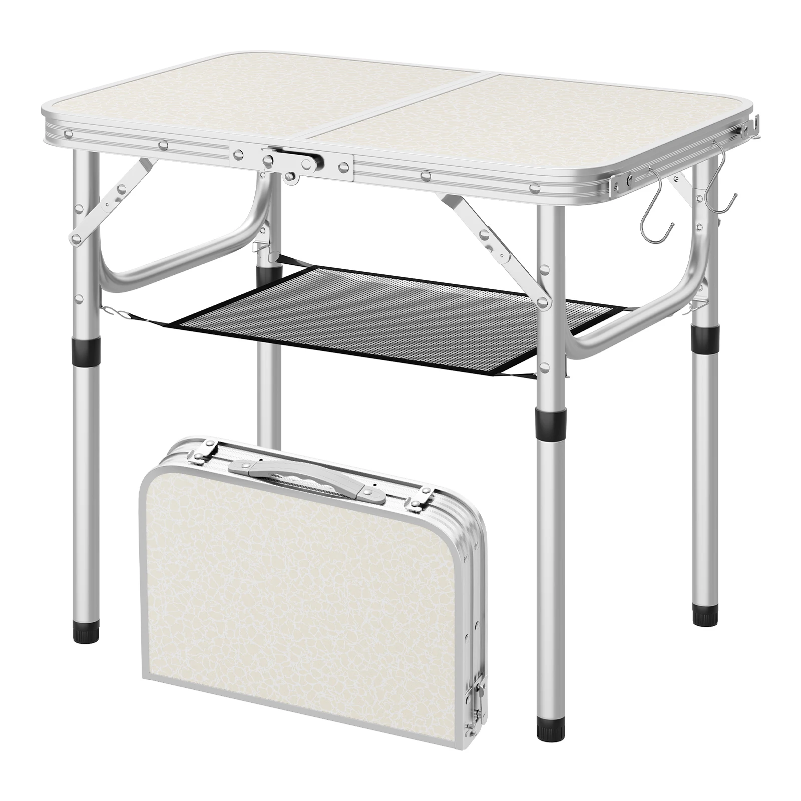 WOLTU Table de camping pliable réglable en hauteur avec filet de rangement et crochets, cadre en aluminium, table portable pour l'extérieur, jardin, pique-nique, barbecue