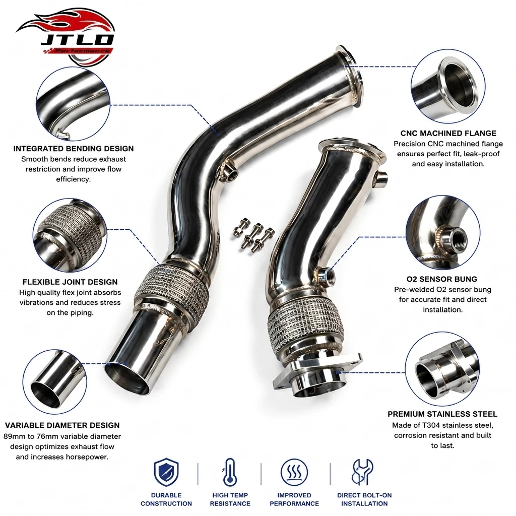 High Flow Turbo Downpipes for BMW S55 M3 F80 M4 F82 M2 Competition Performance Racing Pipe With Flex Section 2014-2021