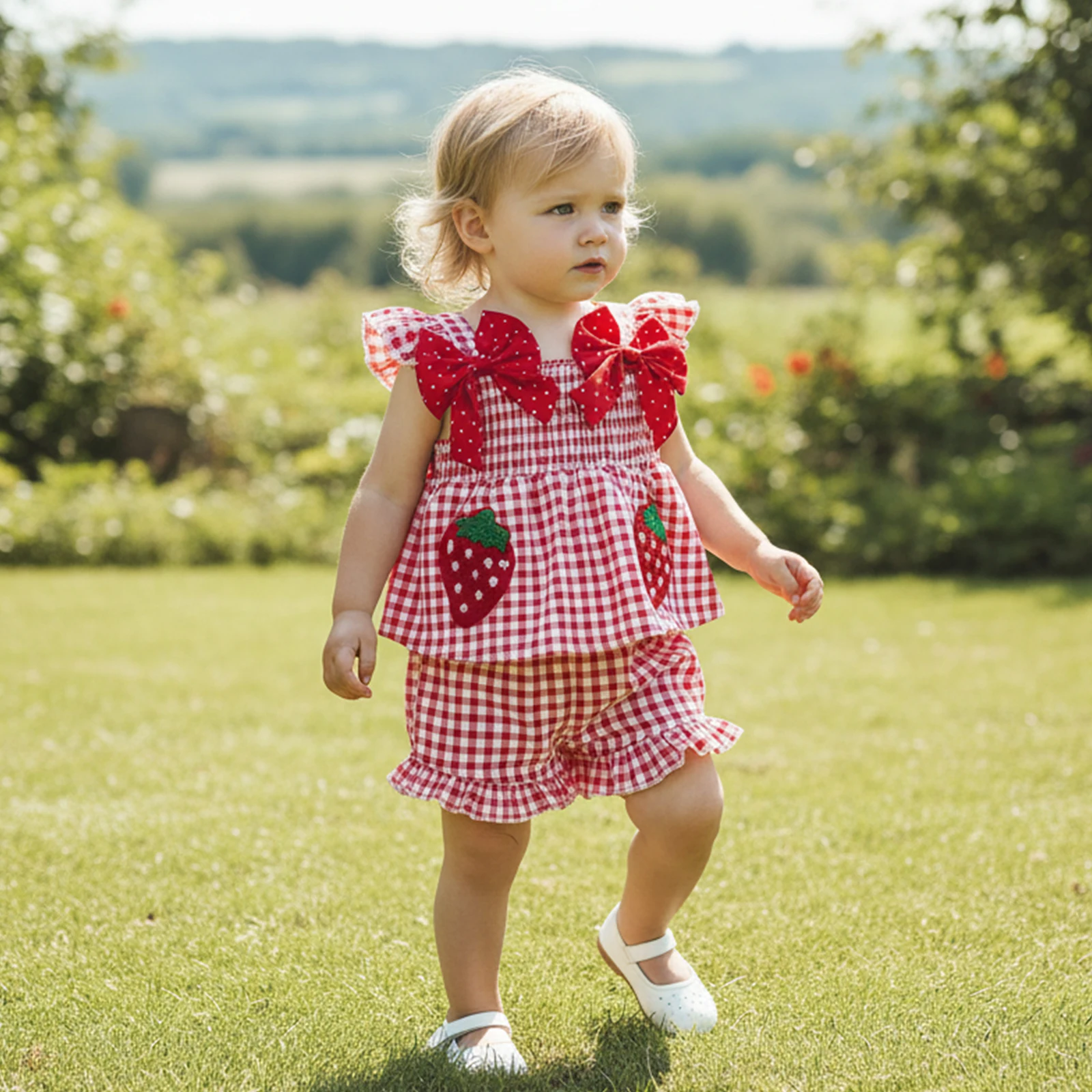 Sweet Toddler Baby Girl Summer Outfit Strawberry Embroidered Plaid Bows Ruffled Trim Tank Tops Shorts 2 Pcs Set