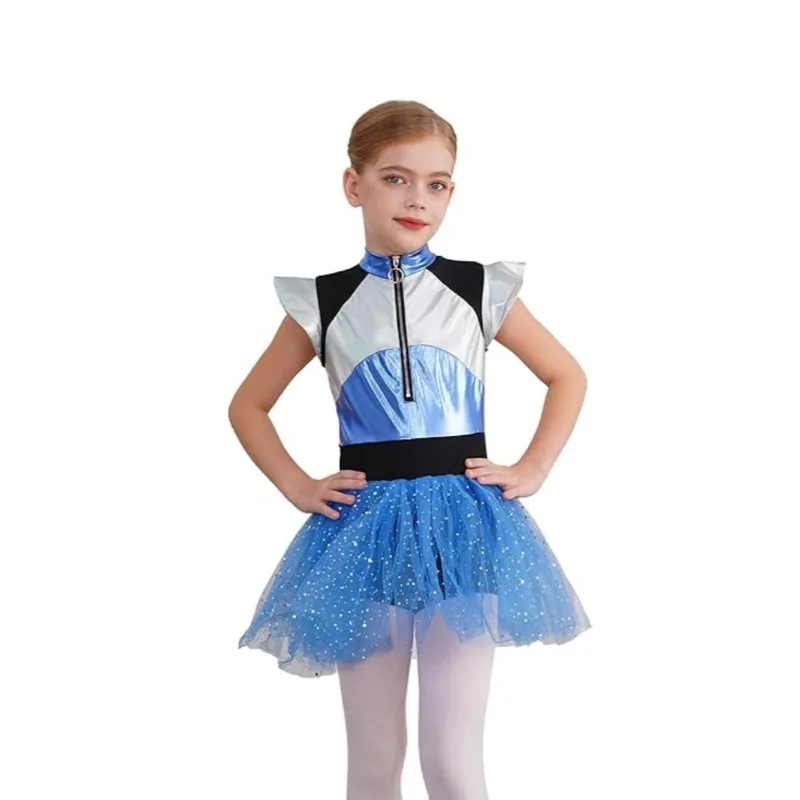 

Astronaut Alien Robot Cosplay Girl's Outerspace Costume Metallic Cap Sleeve Tutu Blue Dance Dress Children Clothes Halloween