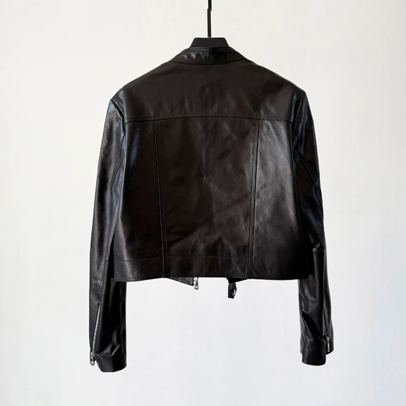 Mode col montant femmes a-livre en peau de mouton Moto vestes manteau rétro huile cire cuir coupe ajustée femme en cuir véritable veste hauts