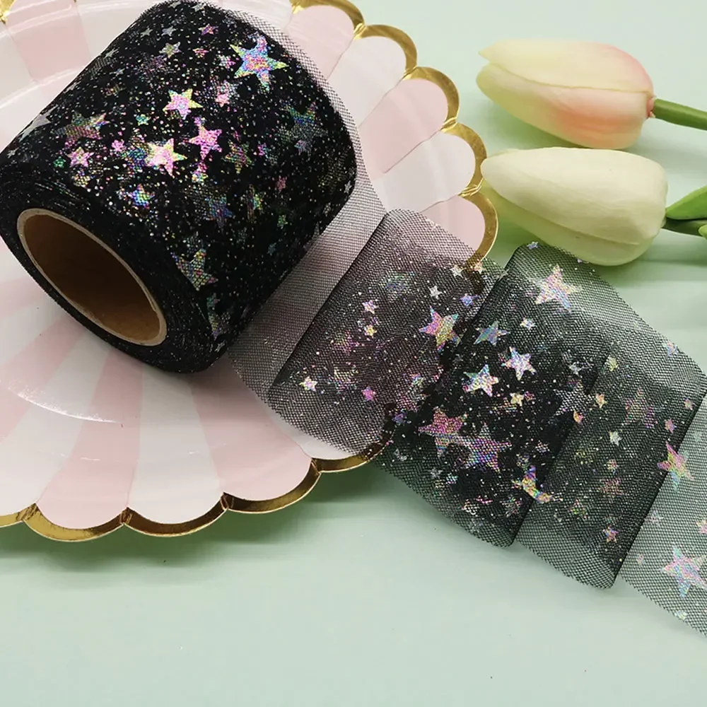 6cm 5yard Illusory Color Star Mesh Fabric Glitter Tulle Roll Sequin Ribbon Bow Soft Twill Tulle Craft DIY Wedding Birthday Decor