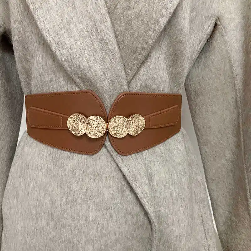 مشد للخصر للنساء 2024 نمط جديد قابل للتعديل حزام خصر مرن الخارجي مباراة معطف على شكل ثوب فاخر أسود حزام جلد مزخرف