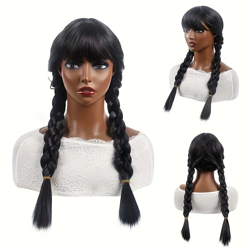 

Christmas-Themed Synthetic Long Black Hair with Bangs, Wednesday Addams Style Double Ponytail Braids, Cosplay Anime Wig