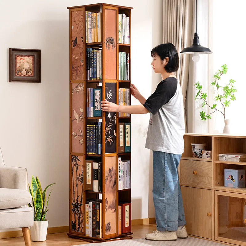 Medieval style living room rotating bookshelf simple bookcase floor-to-ceiling children's picture book shelf integrated light