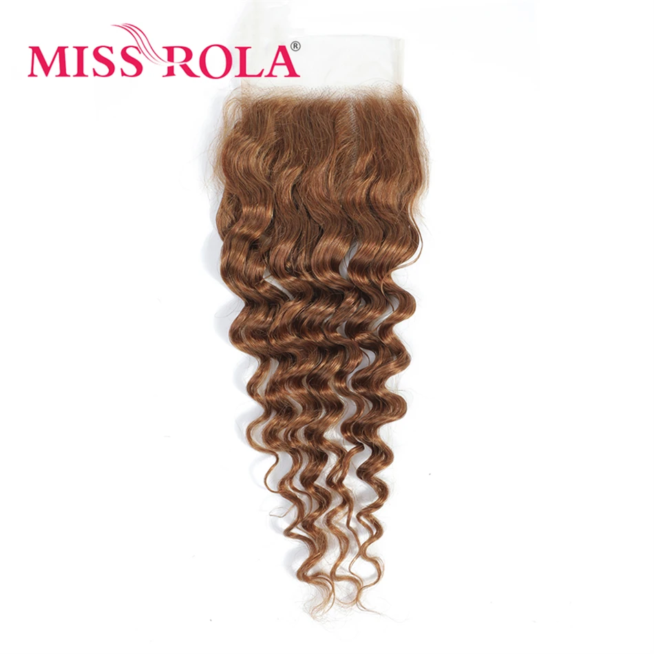 Miss Rola Hair #30 Deep Wave Hair Lace Closure Brazilian 100% Human Hair Remy Brown Curly 4x4 Lace Closures T1B/30 Lace Closure