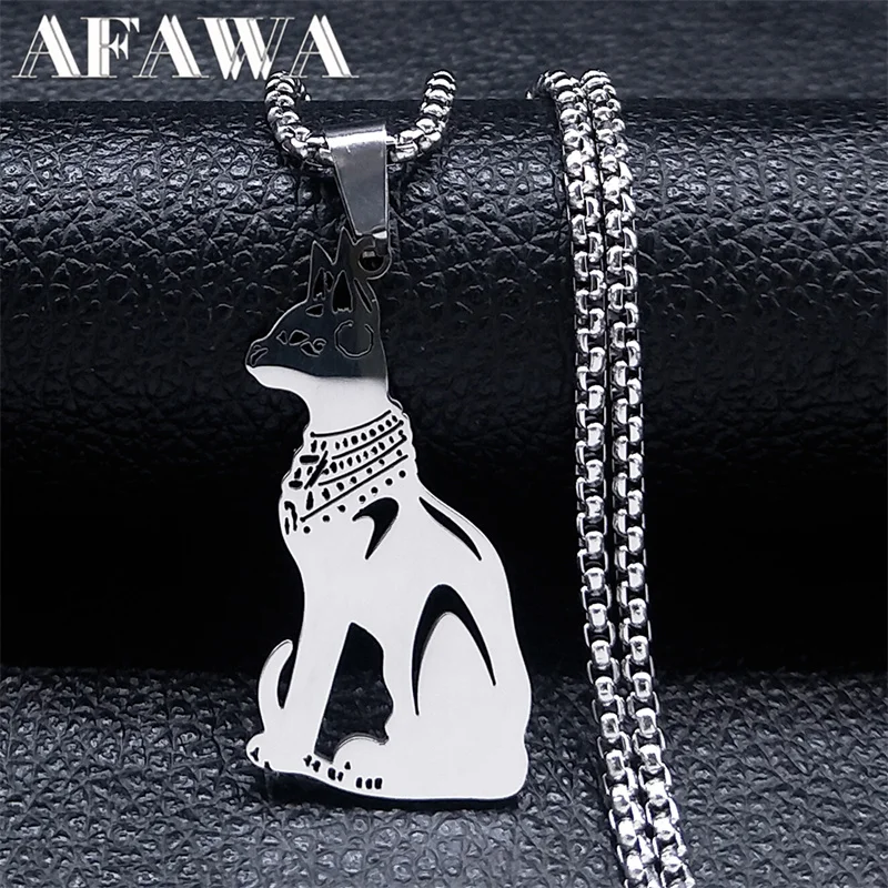 Egyptian Cat Goddess Bastet Necklace Stainless Steel Silver Color Ancient Egypt Vintage Necklaces Jewelry colier hommes N4637S02