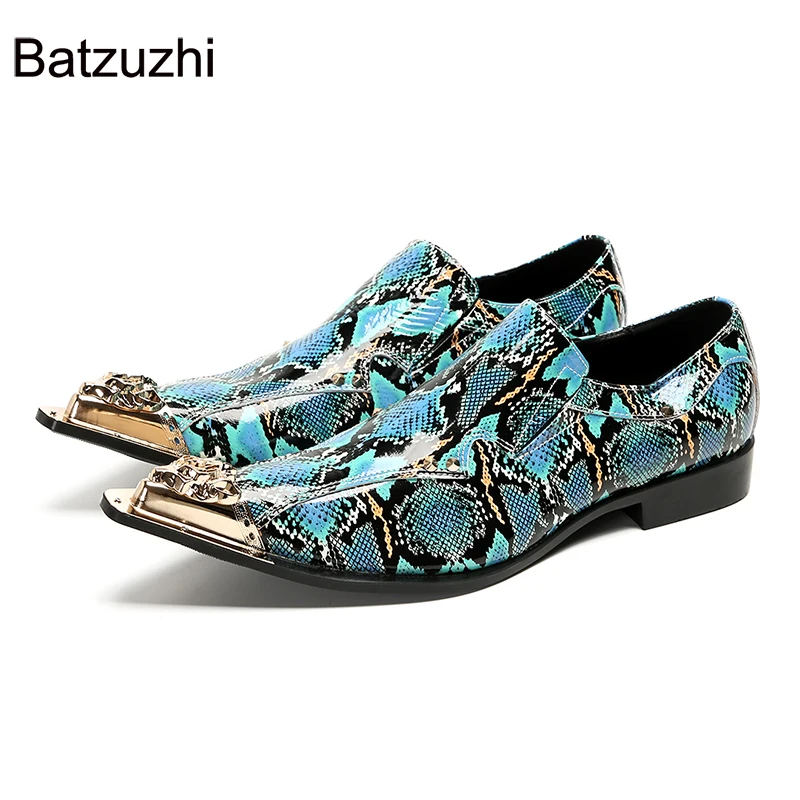 

Batzuzhi Blue Leather Dress Mens Shoes Luxury Designer Pointed Iron Toe Slip on Party, Wedding Footwear! Big Sizes 38-46!