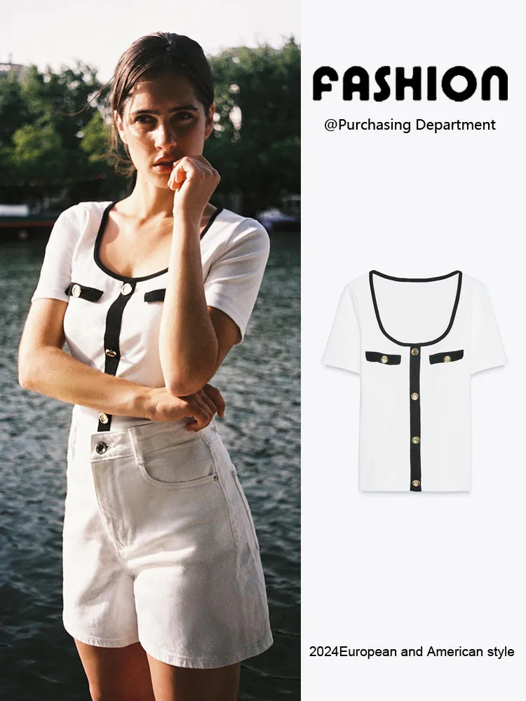 

Summer New Women's Slim Fit ort Sve round Ne T-irt Color Blo Layering Teenage Girl's Faion Casual Wear