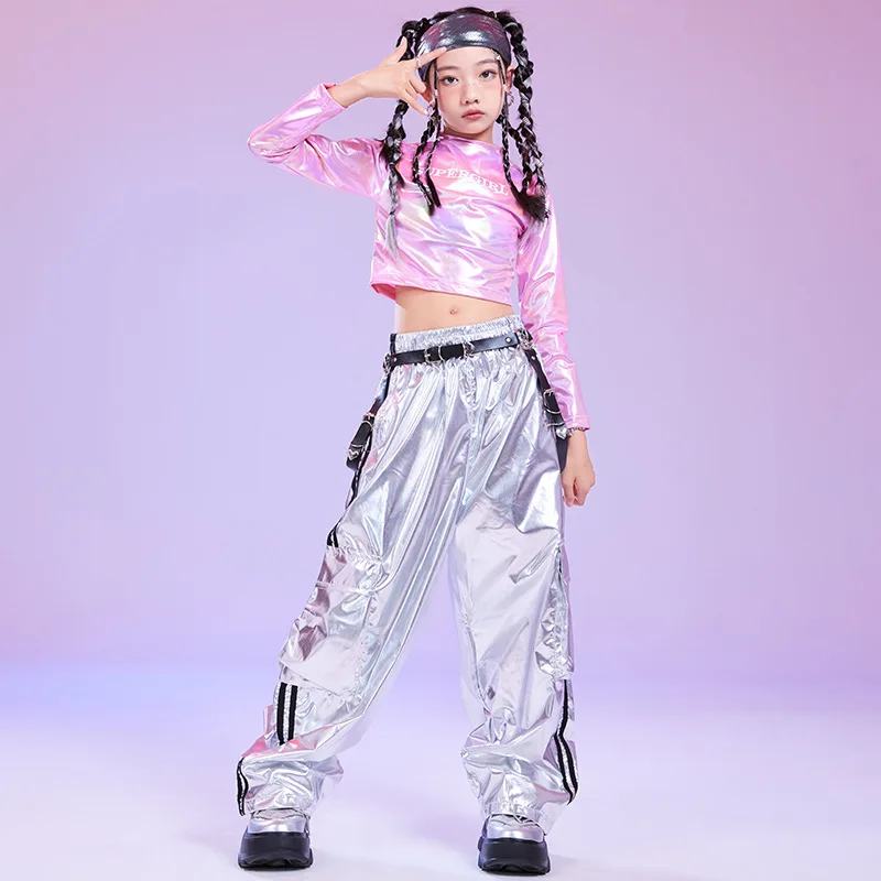 Traje de baile de Hip Hop para niña, Top corto con láser rosa, pantalones Cargo plateados para niños, ropa de actuación callejera de Jazz