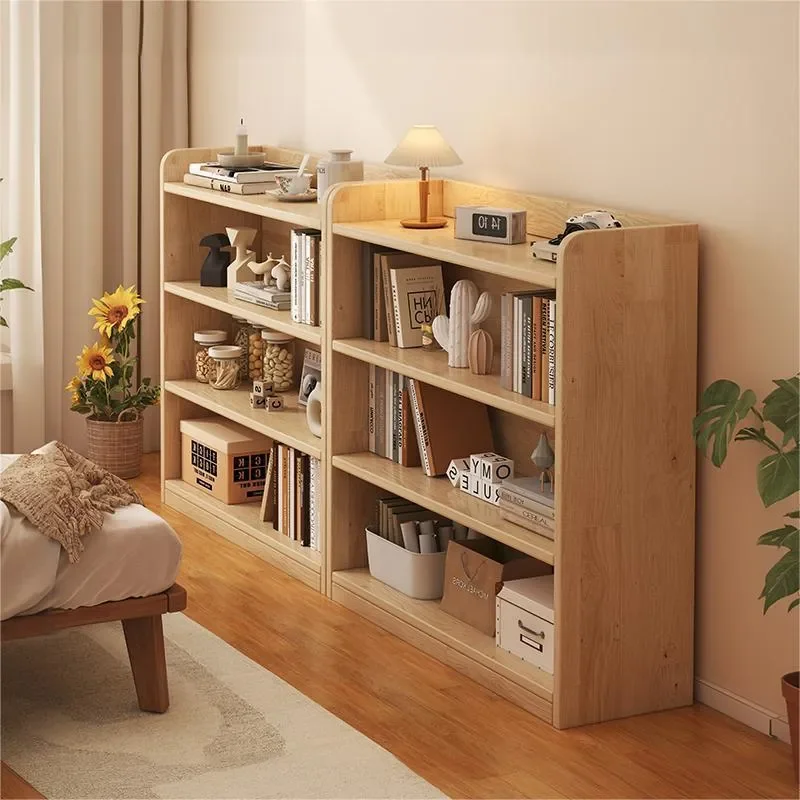 Solid Wood Bedside Cabinet Semi-Enclosed Nightstand Low Storage Locker Bookshelf Floor Shelf Narrow Bookcase for Bedroom