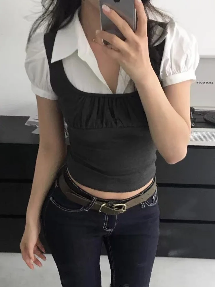 

Korean Style Slimming Short Sleeve T-Shirt Women's Summer New Sweet Match All Plaid Fake Two-Piece Versatile City Walk Shirt