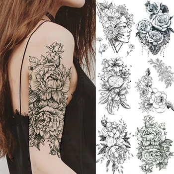 Spitze Rose Blumen Temporäre Tattoos Aufkleber Wasserdicht Bunte Blumen Gefälschte Tattoos für Frauen Männer Arm Zurück Körper Kunst Schönheit