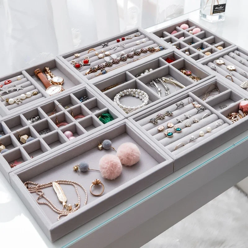 HOT Grey Flannel Jewelry Storage Box Household Drawer Earrings Necklace Ring Tray Head Rope Ear Clip Display Storage Tray Box