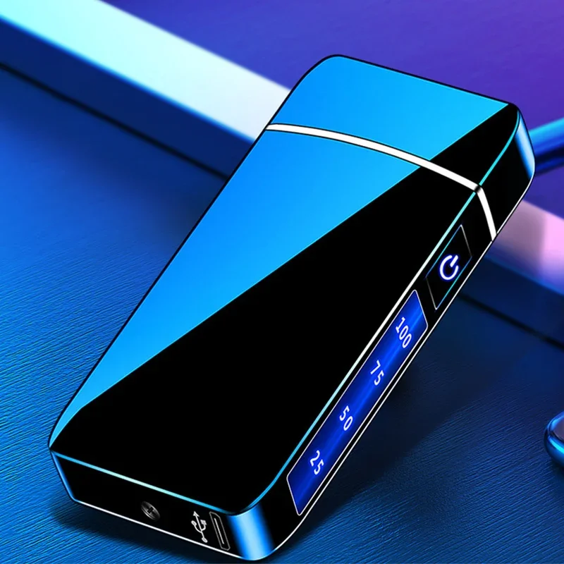 New Electric Windproof Metal Lighter Double Arc Flameless Plasma Rechargeable USB Lighter LED Power Display Touch Lighters Gift